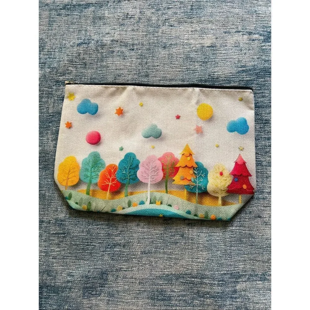 Colorful Trees Clouds Stars Cotton Canvas Small Makeup Bag Travel Toiletry Pouch
